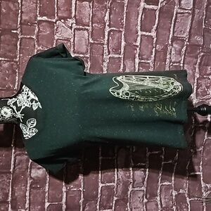 Irish Memories Heather Green T-Shirt with Gaelic Song Lyrics & Harp. Size Lg